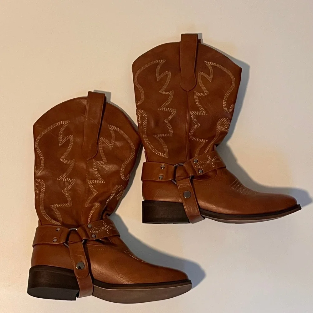 J's.o.l.e W Square Toe Cowgirl Boots Mid Calf w Fashion Buckle Strap